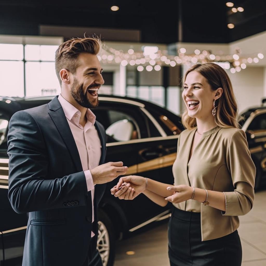 Client heureux recevant les clés d'une voiture de luxe
